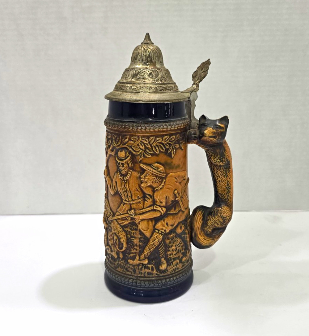 Vintage GERZ W Germany Beer Stein Hunting Boar Fox Handle Pewter Lid 10"